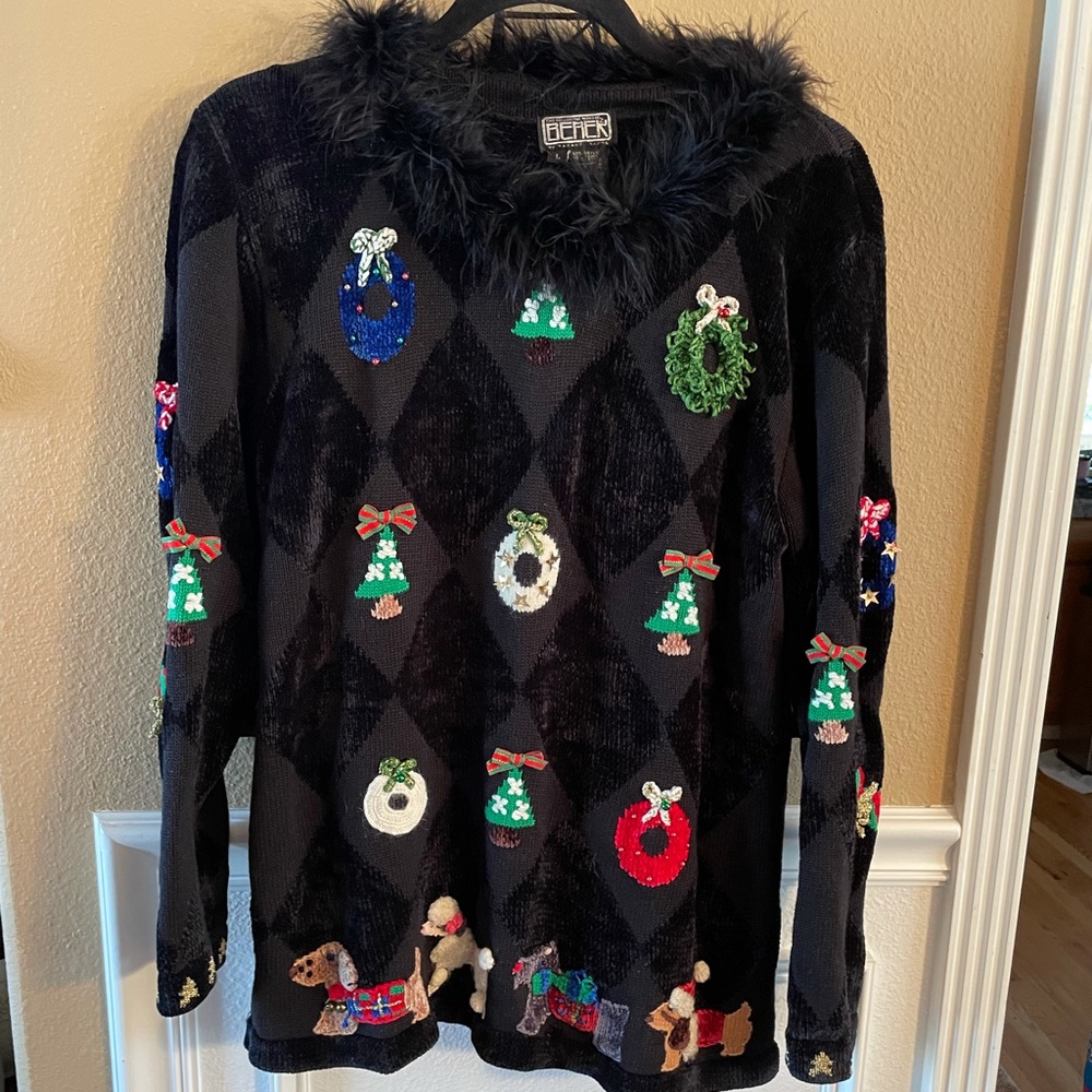 BEREK Vintage feather argyle knit Christmas theme with dogs sweater
